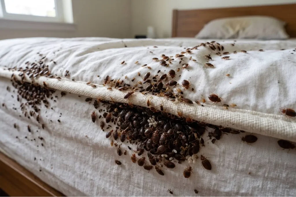 Severe bed bug infestation on a mattress seam and bedding