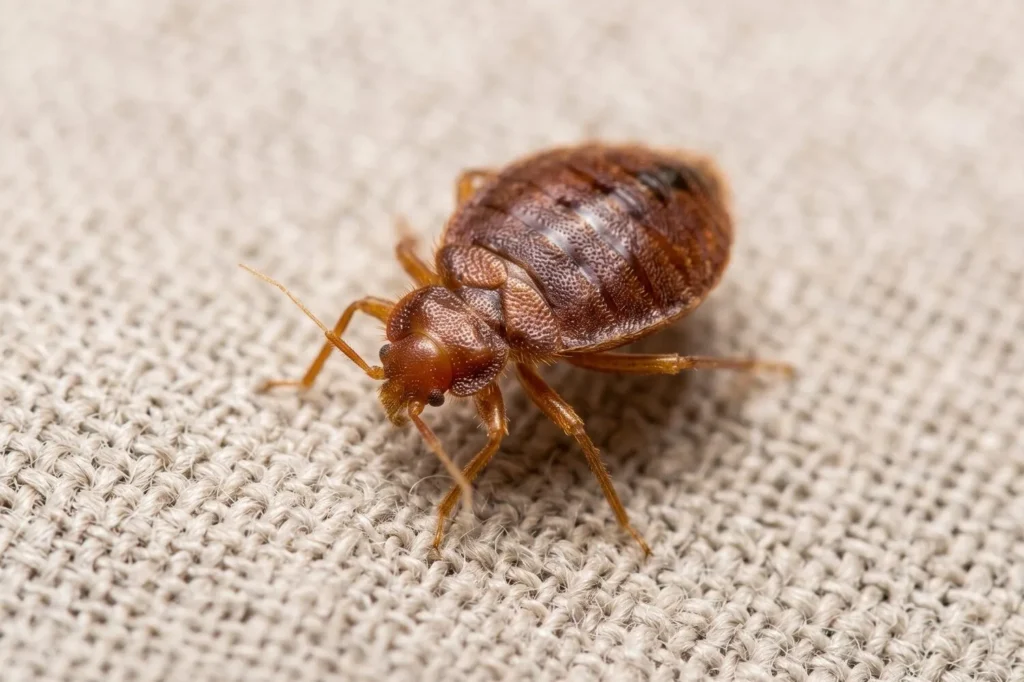 Close-up of a single bed bug on woven fabric