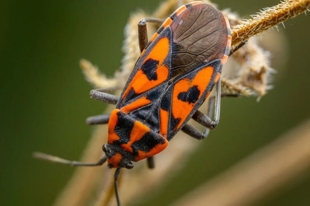 Close-up of an orange and black boxelder bug perched on a dried plant stem.