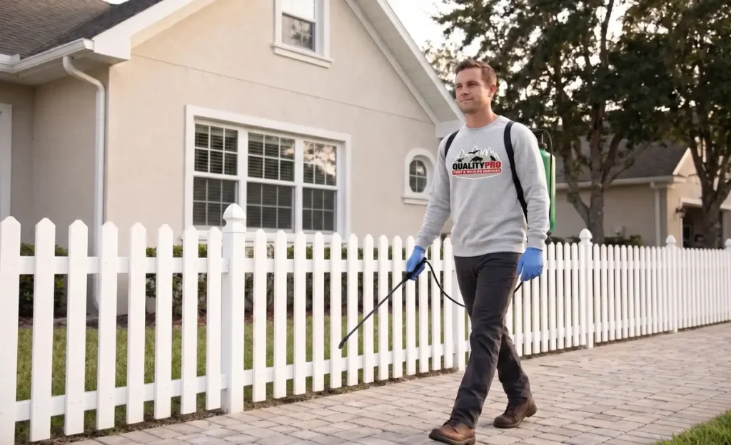 Qualitypro pest employee walking on a street