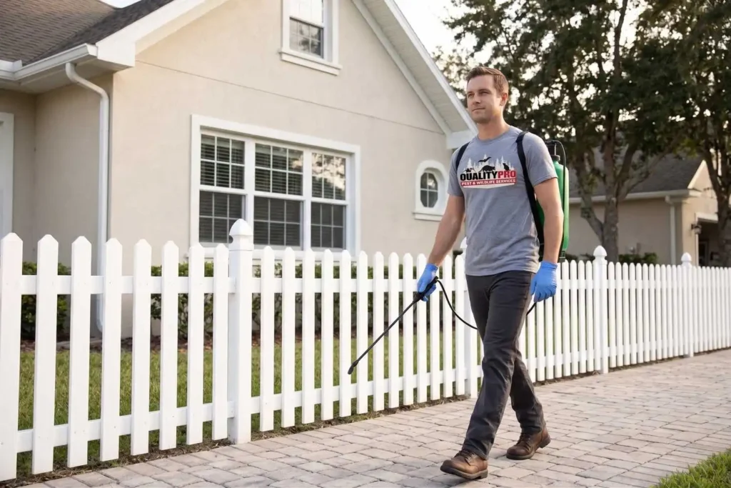 Qualitypro pest employee walking on a street