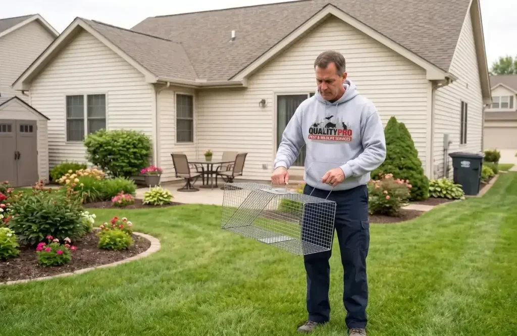 Qualitypro employee with wildlife removal cage