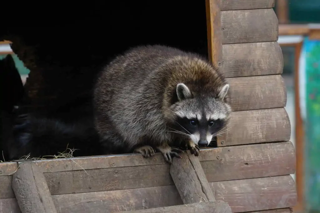 A raccoon perched on a wooden structure, looking down with its front paws gripping the edge of a wooden beam.