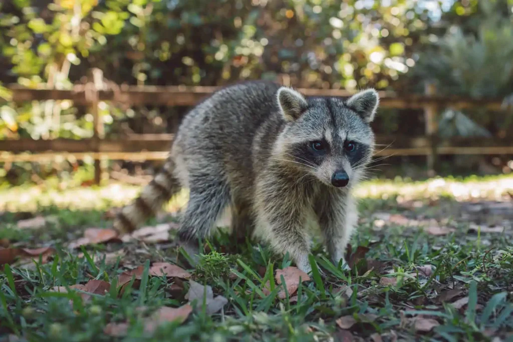 A raccoon with grey-and-black fur stands on grass, looking toward the camera with a wooden fence and greenery in the background.