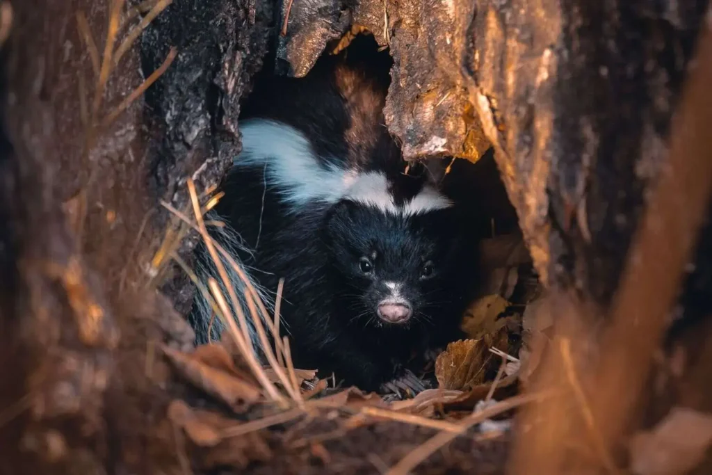 A skunk peers out from inside a hollow log opening, surrounded by dry leaves and bark.