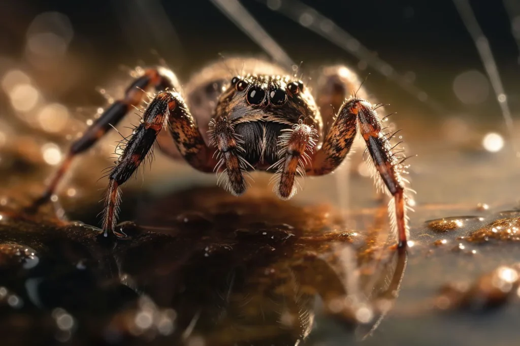 Extreme close-up of a jumping spider's eyes and front legs