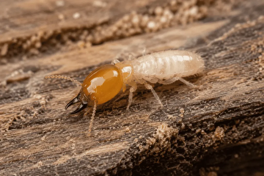 Drywood termite visible inside termite-damaged wood