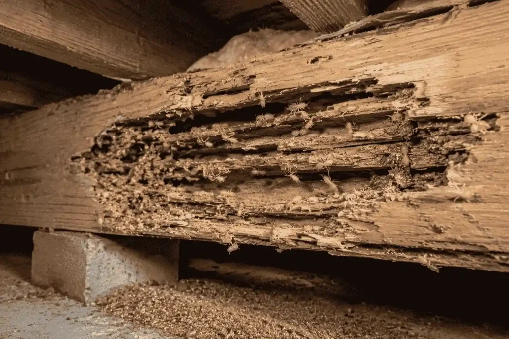 Termite-damaged wood with visible drywood termites and wood debris