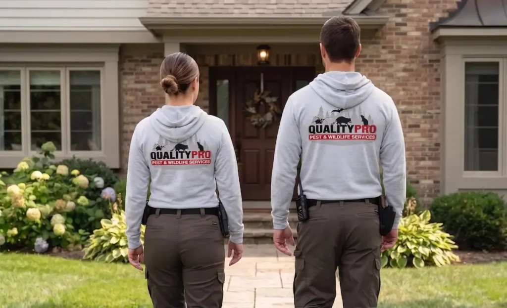 A rear-view photo of two Quality Pro pest control technicians walking toward a suburban house.